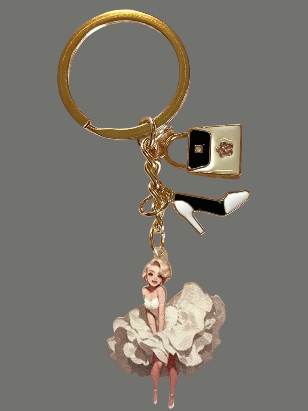 Pink Pin-Up girl 2D Acrylic with purse & heels & gold tone keychain